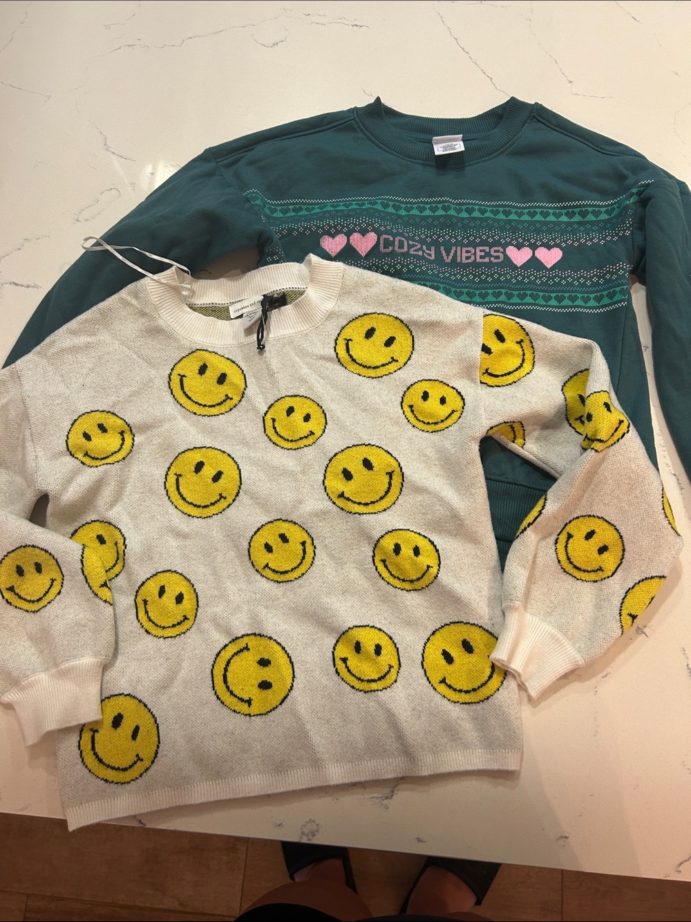 Smiley Face Knit Sweater + Cozy Vibes Sweatshirt - Youth Size 10/12